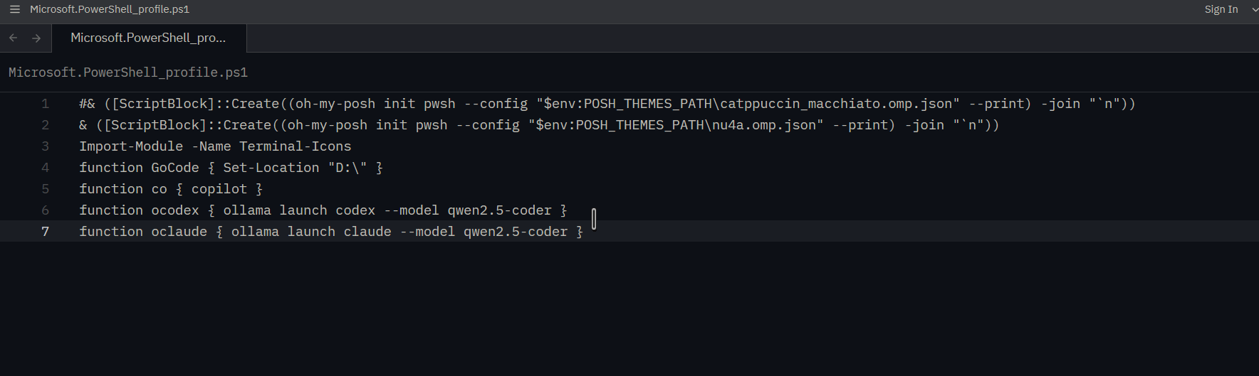 PowerShell profile configured with oh-my-posh init and catppuccin theme