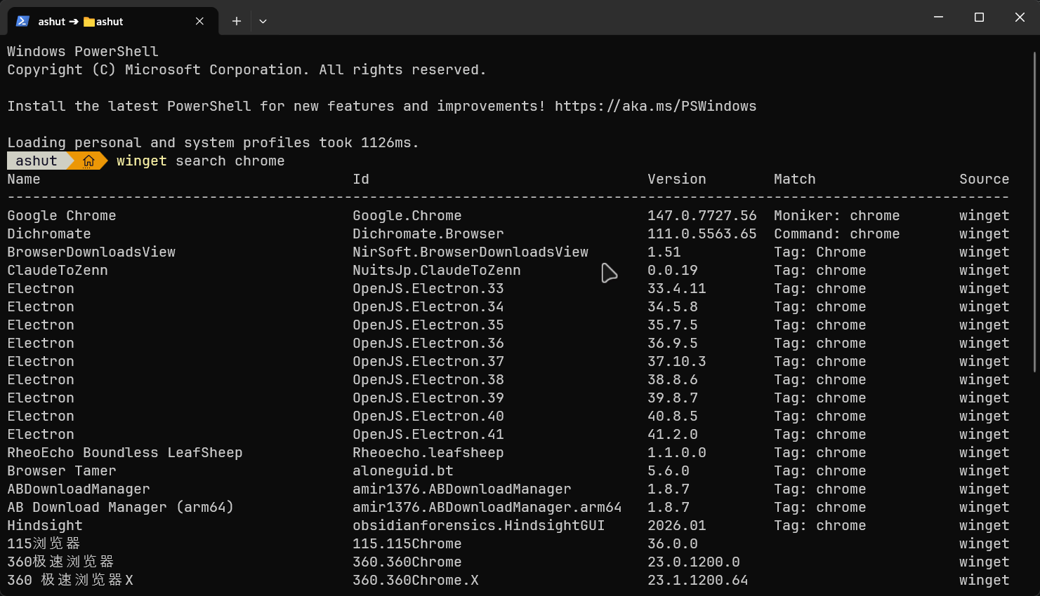 Searching for packages with winget search