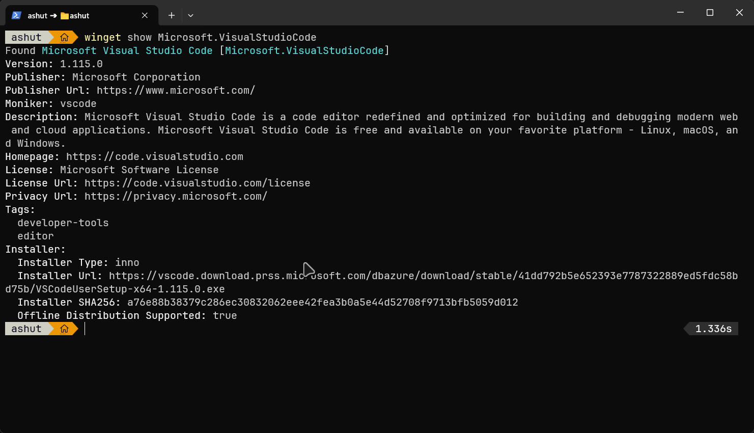 Show Information about package with winget show