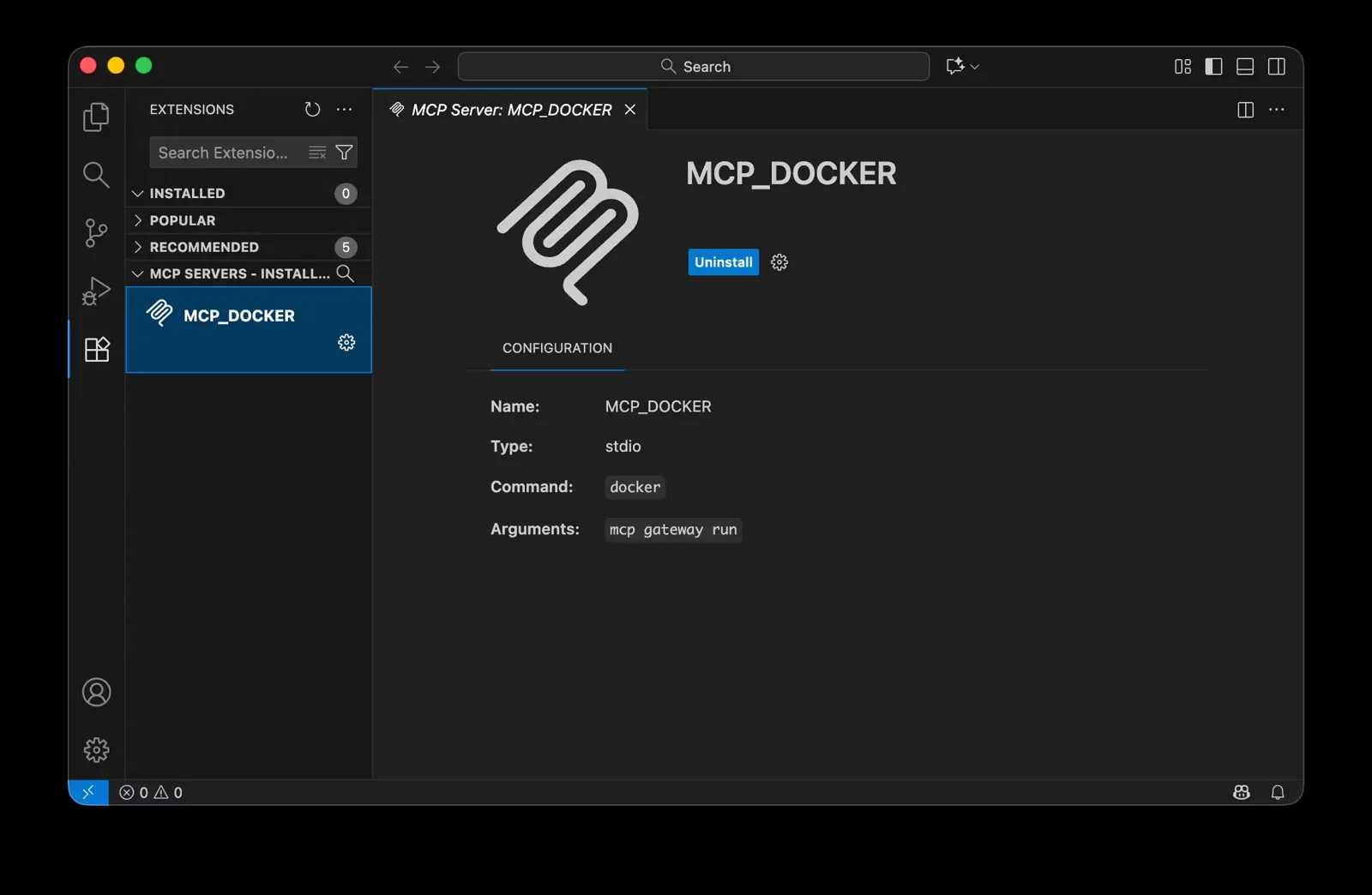 VS Code extensions view showing MCP_DOCKER installed as a stdio MCP server