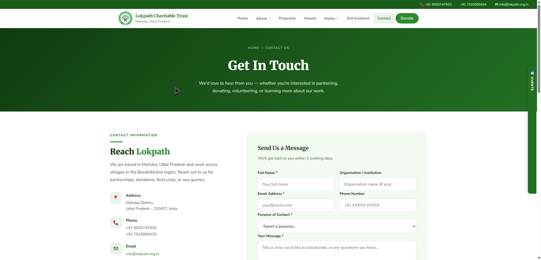 Contact page — reach Lokpath section with address, phone, email, and a structured contact form