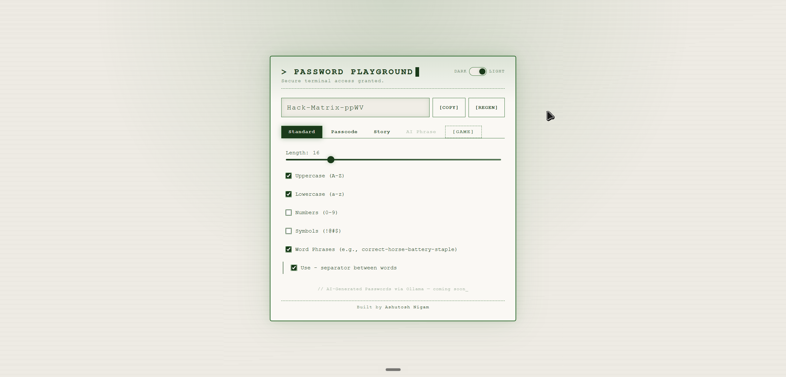 Light mode — Standard tab showing word phrase and separator options