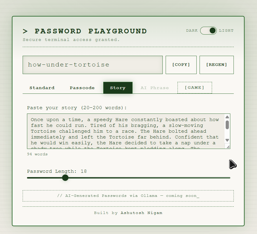 Story tab — paste a story (20–200 words) to derive a memorable password