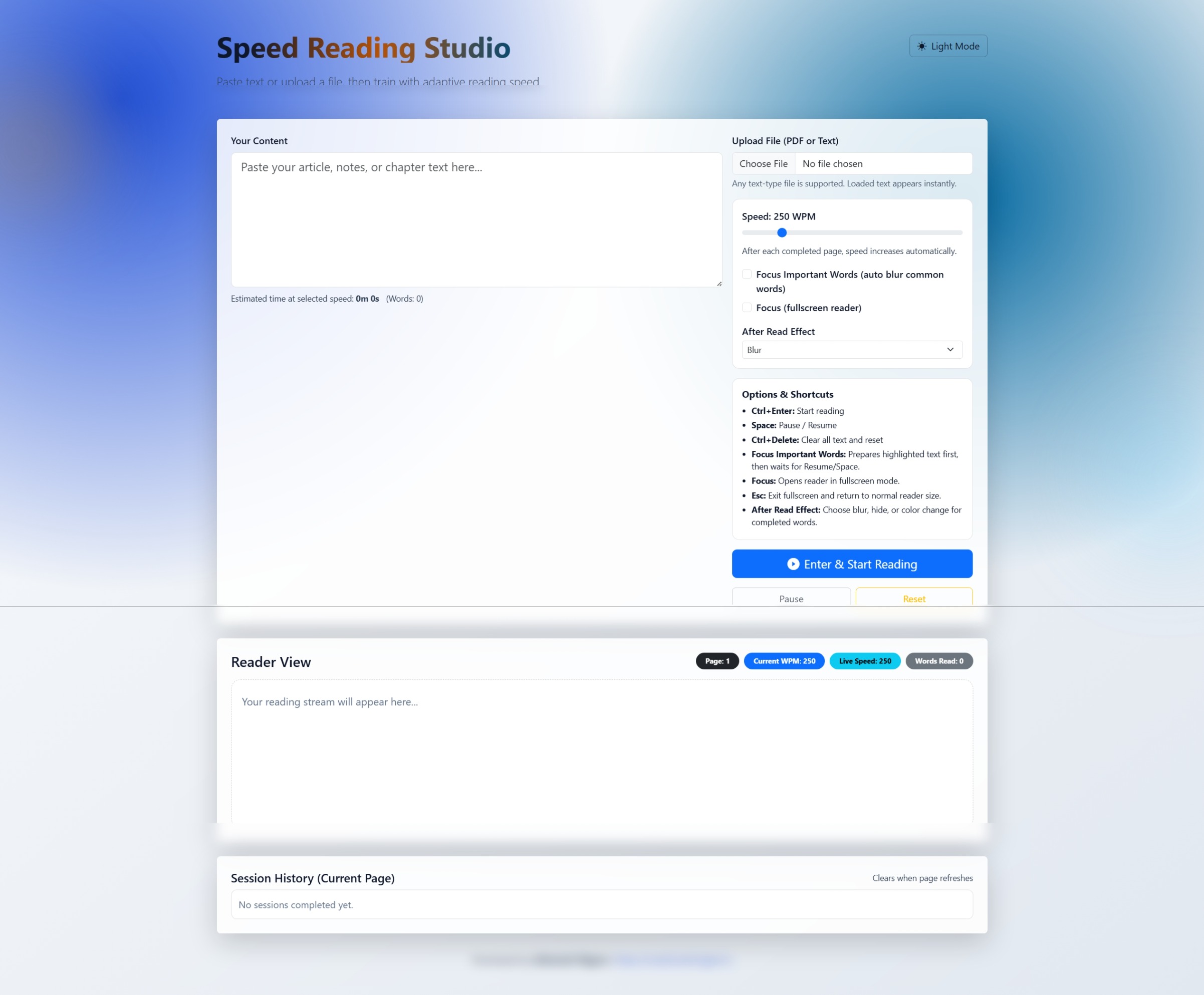 Light mode — clean layout showing the same controls in a bright theme